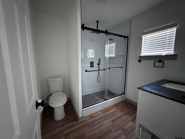 bathroom featuring toilet, vanity, wood-type flooring, and a shower with door