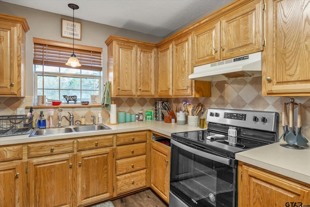 119 Vz County Road 4833, Chandler, TX 75758 - kitchen with under cabinet range hood, light countertops, a sink, and stainless steel range with electric cooktop