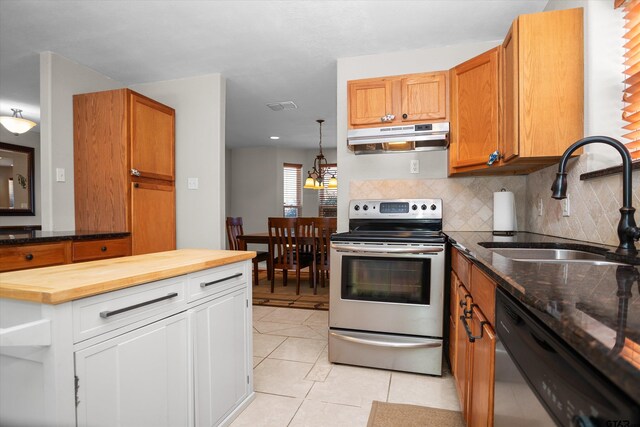 160 Lookout Point Dr, Grapeland, TX 75844 - kitchen featuring under cabinet range hood, a sink, wooden counters, electric stove, and dishwasher