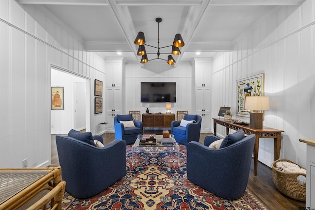 2417 Old Bullard Rd, Tyler, TX 75701 - living area with a decorative wall, ornamental molding, a chandelier, wood finished floors, and coffered ceiling
