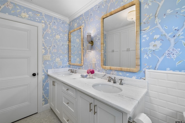 2417 Old Bullard Rd, Tyler, TX 75701 - full bath with double vanity, wallpapered walls, and crown molding