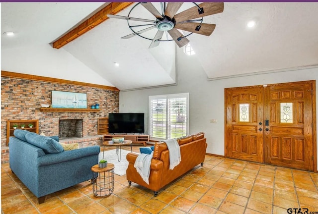 living room with high vaulted ceiling, a fireplace, light tile patterned floors, ceiling fan, and beam ceiling