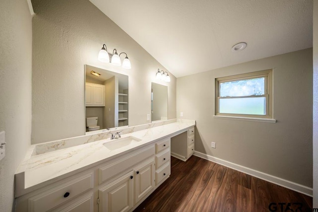 411 Lakeview St, Whitehouse, TX 75791 - bathroom featuring vanity, lofted ceiling, and wood finished floors