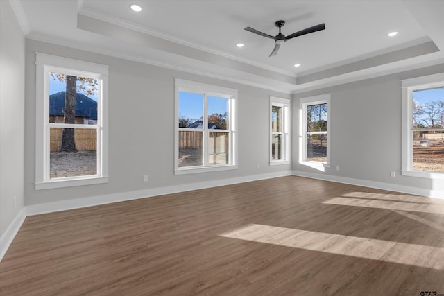 spare room featuring hardwood / wood-style flooring, a raised ceiling, ceiling fan, and ornamental molding