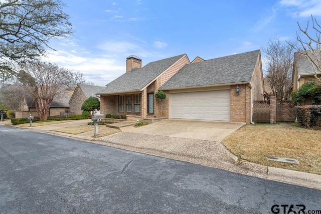 view of front facade featuring a garage, concrete driveway, brick siding, and roof with shingles