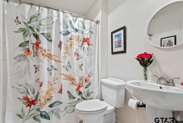 bathroom with curtained shower, a sink, and toilet