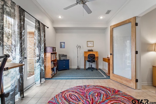 exercise room with ornamental molding, light tile patterned flooring, visible vents, and baseboards