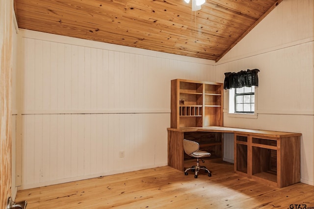 unfurnished office featuring hardwood / wood-style flooring, vaulted ceiling, wooden ceiling, and wood walls