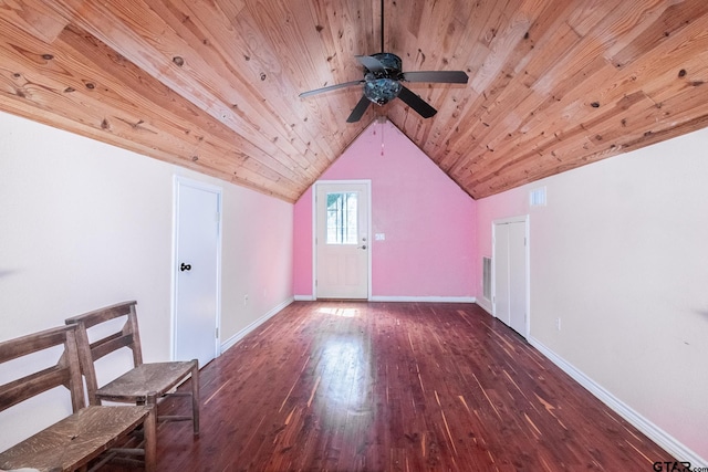 additional living space with ceiling fan, dark hardwood / wood-style flooring, wooden ceiling, and lofted ceiling