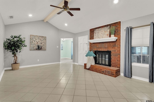 8811 Pheasant Dr, Chandler, TX 75758 - unfurnished living room featuring ceiling fan, a brick fireplace, baseboards, recessed lighting, and light tile patterned floors