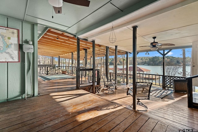 wooden deck featuring a water view and ceiling fan