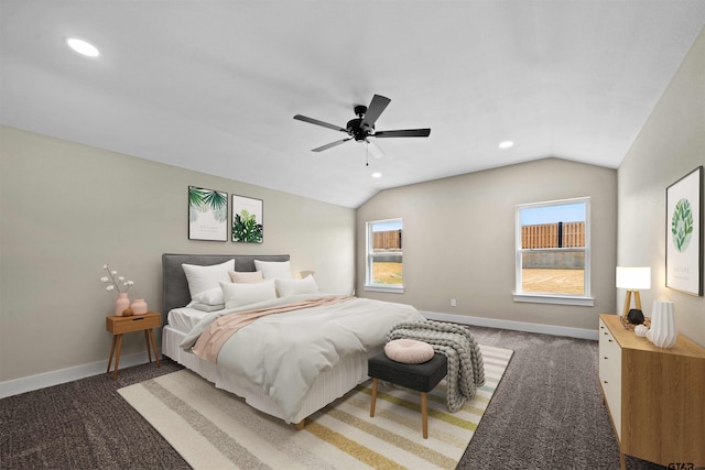 16221 Crossing Cir, Lindale, TX 75771 - carpeted bedroom featuring vaulted ceiling, recessed lighting, multiple windows, and a ceiling fan