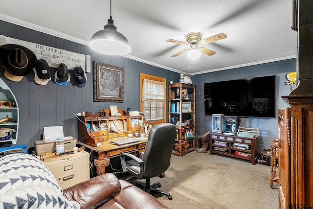 488 Omaha Dr, Omaha, TX 75571 - carpeted office space with a ceiling fan and crown molding