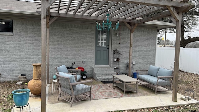 view of patio with entry steps, outdoor lounge area, fence, and a pergola