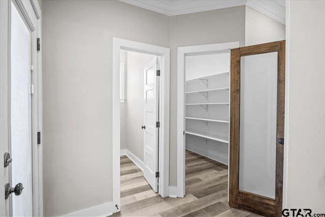 hall with light hardwood / wood-style flooring and crown molding