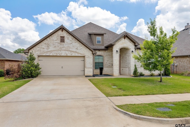 9157 Teal Flight Way, Tyler, TX 75703 - french country style house featuring concrete driveway, brick siding, a front lawn, a garage, and stone siding