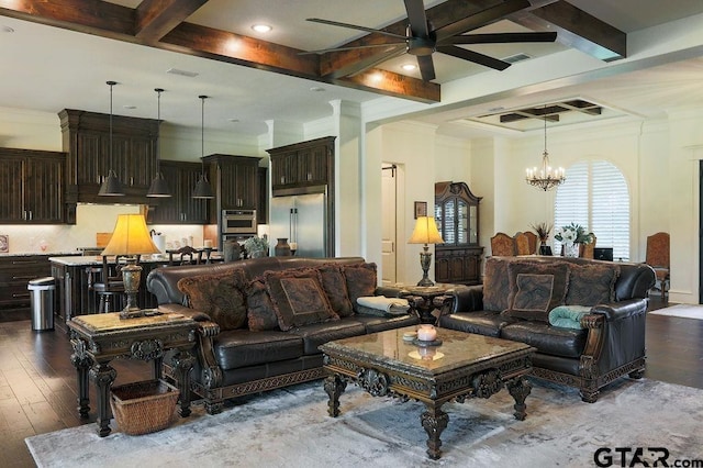 living room with ornamental molding, coffered ceiling, dark wood-type flooring, and beam ceiling