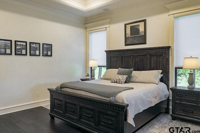 bedroom featuring crown molding and dark hardwood / wood-style floors