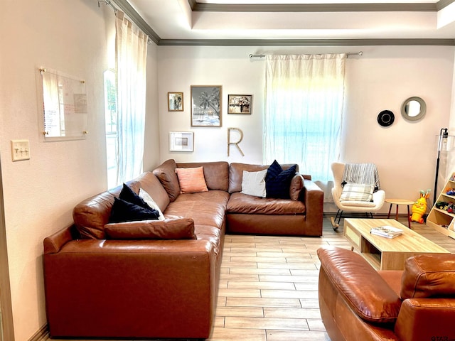 living room with ornamental molding