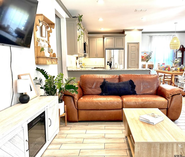 living room featuring crown molding and sink