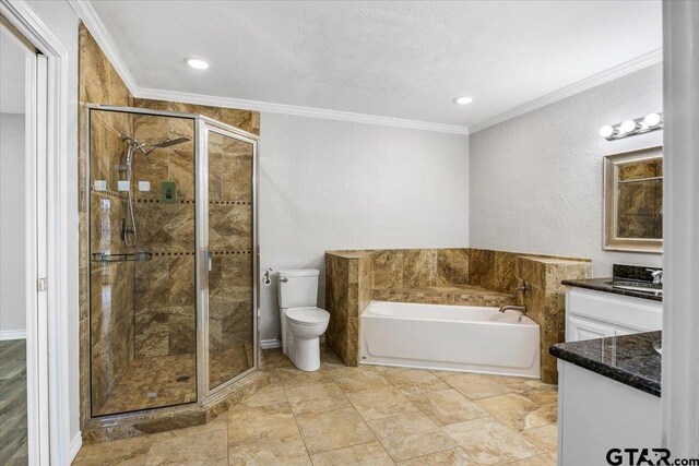 full bathroom with vanity, toilet, ornamental molding, and plus walk in shower