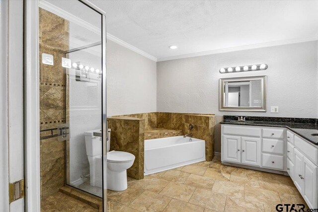 full bathroom featuring ornamental molding, a textured ceiling, vanity, separate shower and tub, and toilet