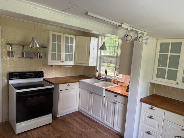 2595 Fm 1857 S, Rusk, TX 75785 - kitchen featuring wood counters, electric range, decorative backsplash, glass insert cabinets, and dark wood finished floors