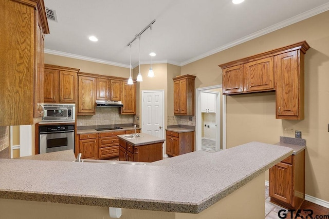 kitchen featuring stainless steel appliances, tasteful backsplash, brown cabinets, crown molding, and under cabinet range hood