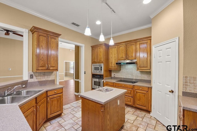 kitchen with decorative backsplash, stainless steel appliances, under cabinet range hood, and a sink