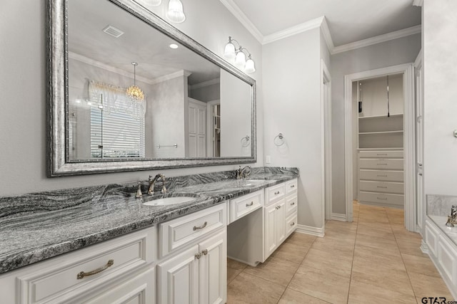 bathroom with a sink, visible vents, double vanity, and crown molding