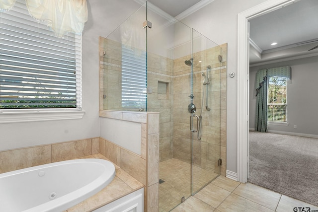 full bath with crown molding, a tub with jets, a stall shower, and tile patterned floors