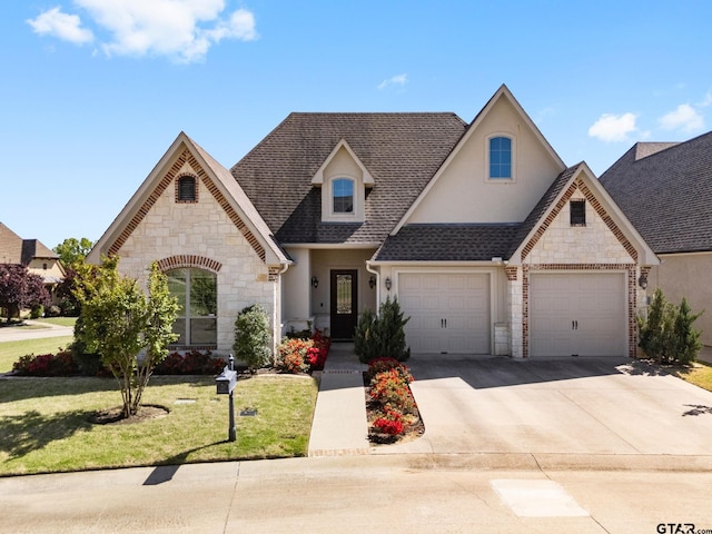 french provincial home with roof with shingles, concrete driveway, a front yard, and stone siding