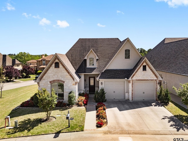 french country home featuring a front yard, stone siding, concrete driveway, stucco siding, and roof with shingles