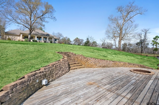 wooden terrace featuring a lawn