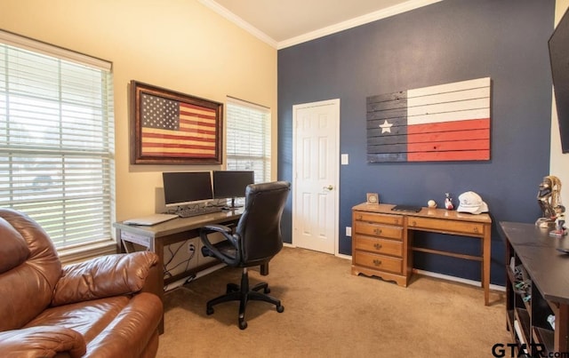 7032 La Hacienda Dr, Flint, TX 75762 - office area featuring ornamental molding and light carpet