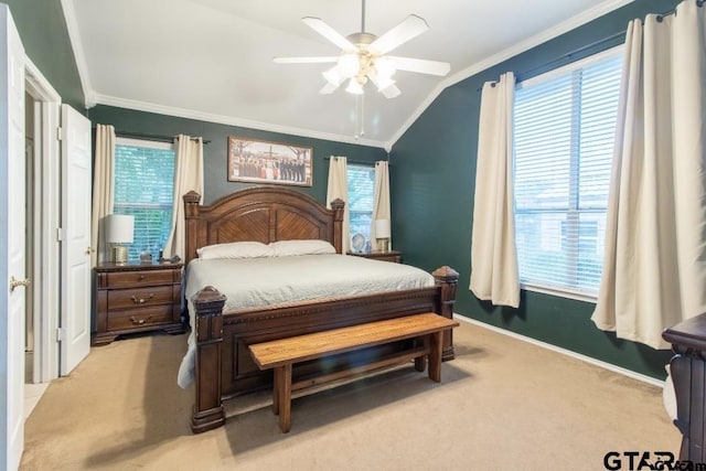 7032 La Hacienda Dr, Flint, TX 75762 - carpeted bedroom with ornamental molding, lofted ceiling, ceiling fan, and baseboards