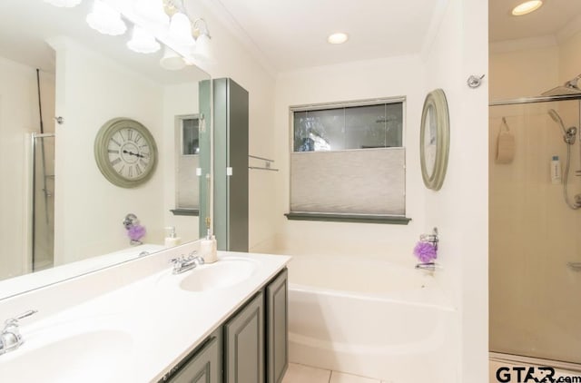 7032 La Hacienda Dr, Flint, TX 75762 - bathroom with a garden tub, a stall shower, double vanity, and crown molding