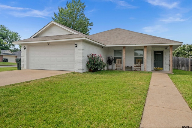 7032 La Hacienda Dr, Flint, TX 75762 - ranch-style house featuring covered porch, brick siding, a garage, concrete driveway, and roof with shingles