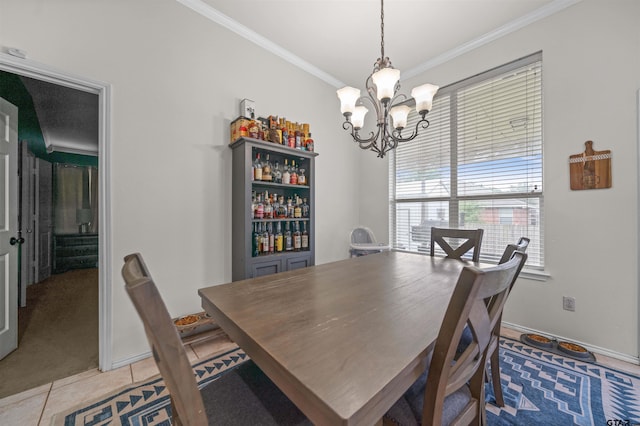 7032 La Hacienda Dr, Flint, TX 75762 - dining area with crown molding, a chandelier, light tile patterned floors, and baseboards