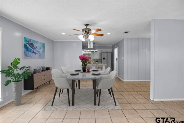 12595 Oneall St, Tyler, TX 75704 - dining area featuring a ceiling fan, light tile patterned floors, a textured ceiling, and recessed lighting
