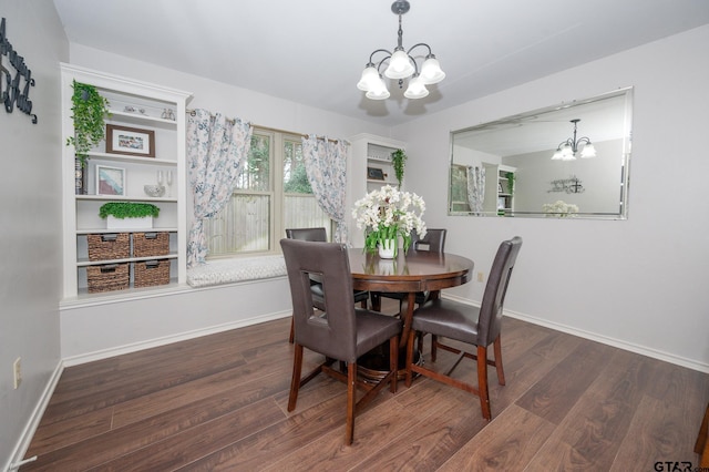 dining room with dark hardwood / wood-style floors and a chandelier