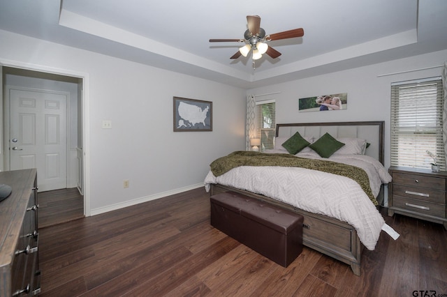 bedroom with multiple windows, dark hardwood / wood-style floors, and a raised ceiling