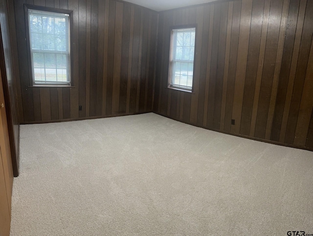 carpeted spare room featuring wooden walls