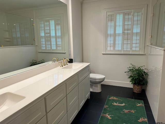 bathroom with crown molding, vanity, an enclosed shower, tile patterned flooring, and toilet