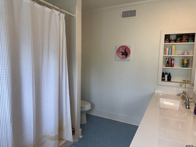 bathroom with walk in shower, vanity, toilet, and crown molding