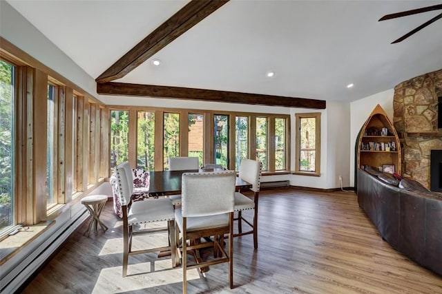 dining room with hardwood / wood-style floors, built in features, ceiling fan, and a healthy amount of sunlight