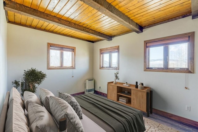 bedroom featuring wood ceiling, hardwood / wood-style flooring, and beamed ceiling