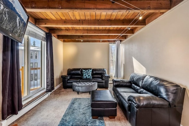 living room featuring carpet flooring, beam ceiling, baseboard heating, and wooden ceiling