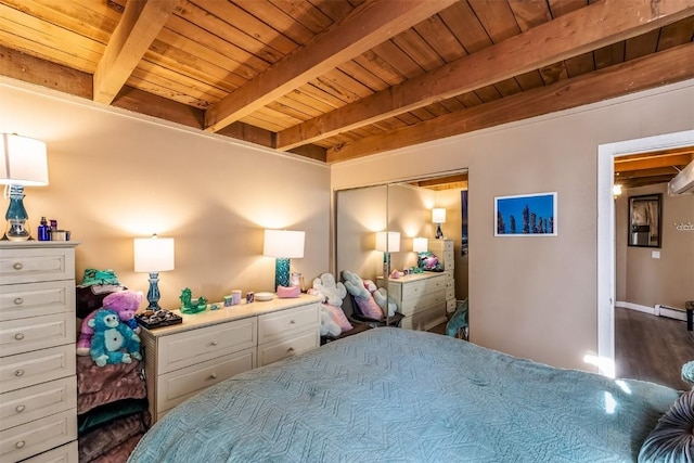 bedroom featuring beam ceiling, a baseboard radiator, a closet, and wood ceiling