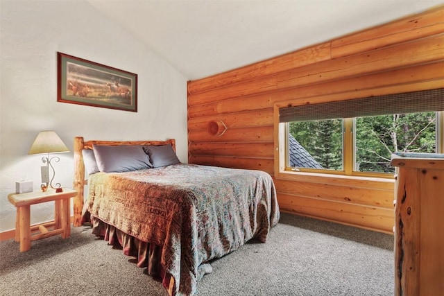 carpeted bedroom featuring lofted ceiling and log walls